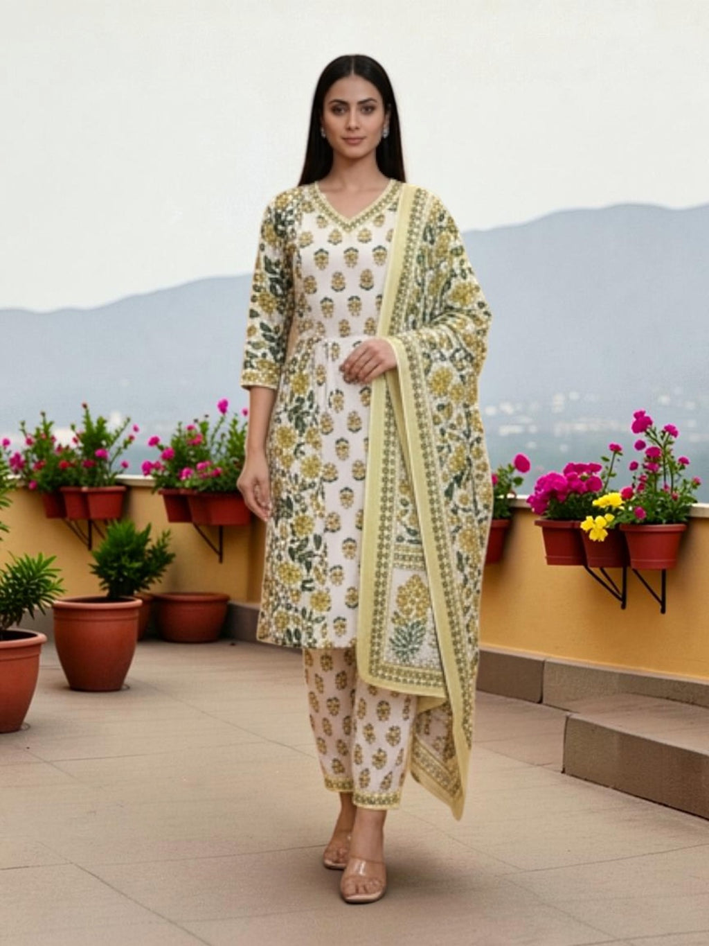 Cotton Salwar Suit Set, Floral Print, Yellow and Green, V-Neck Kurta with Dupatta