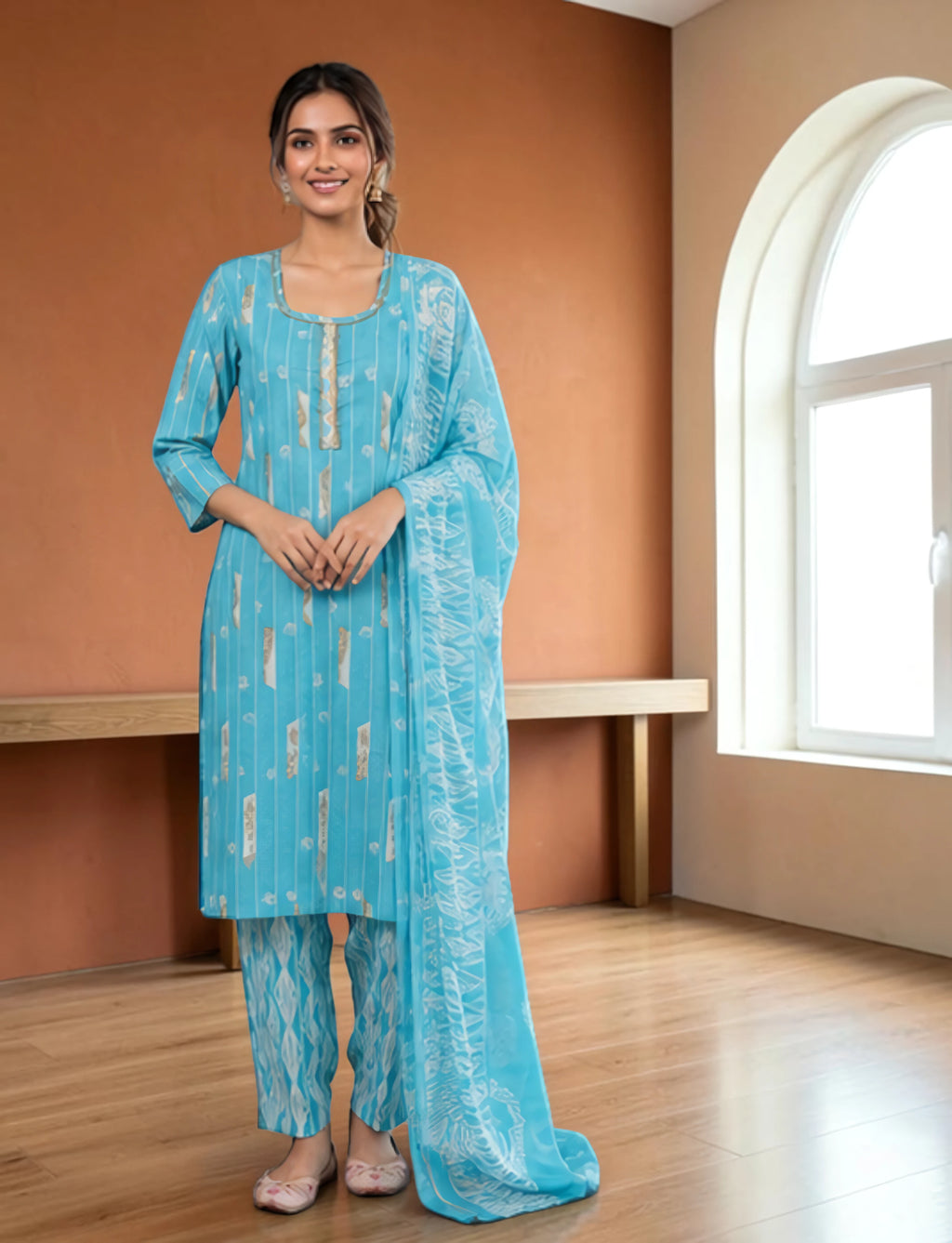 A woman modeling a light blue three-piece salwar kameez suit with gold and white printed patterns, standing in a room with a terracotta-colored wall and wooden floor.