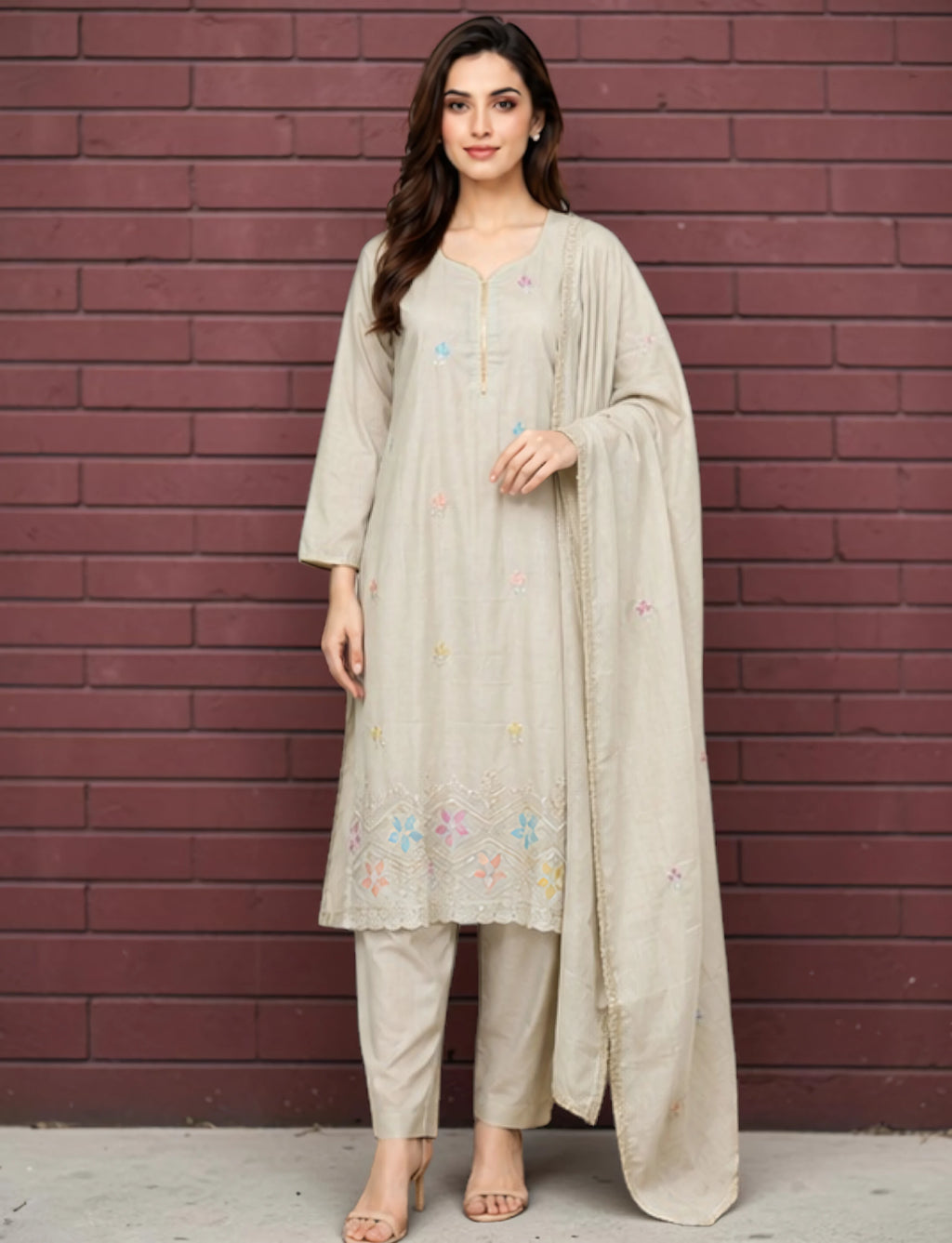 Cotton Salwar Suit Set with Embroidered Daman - Brown