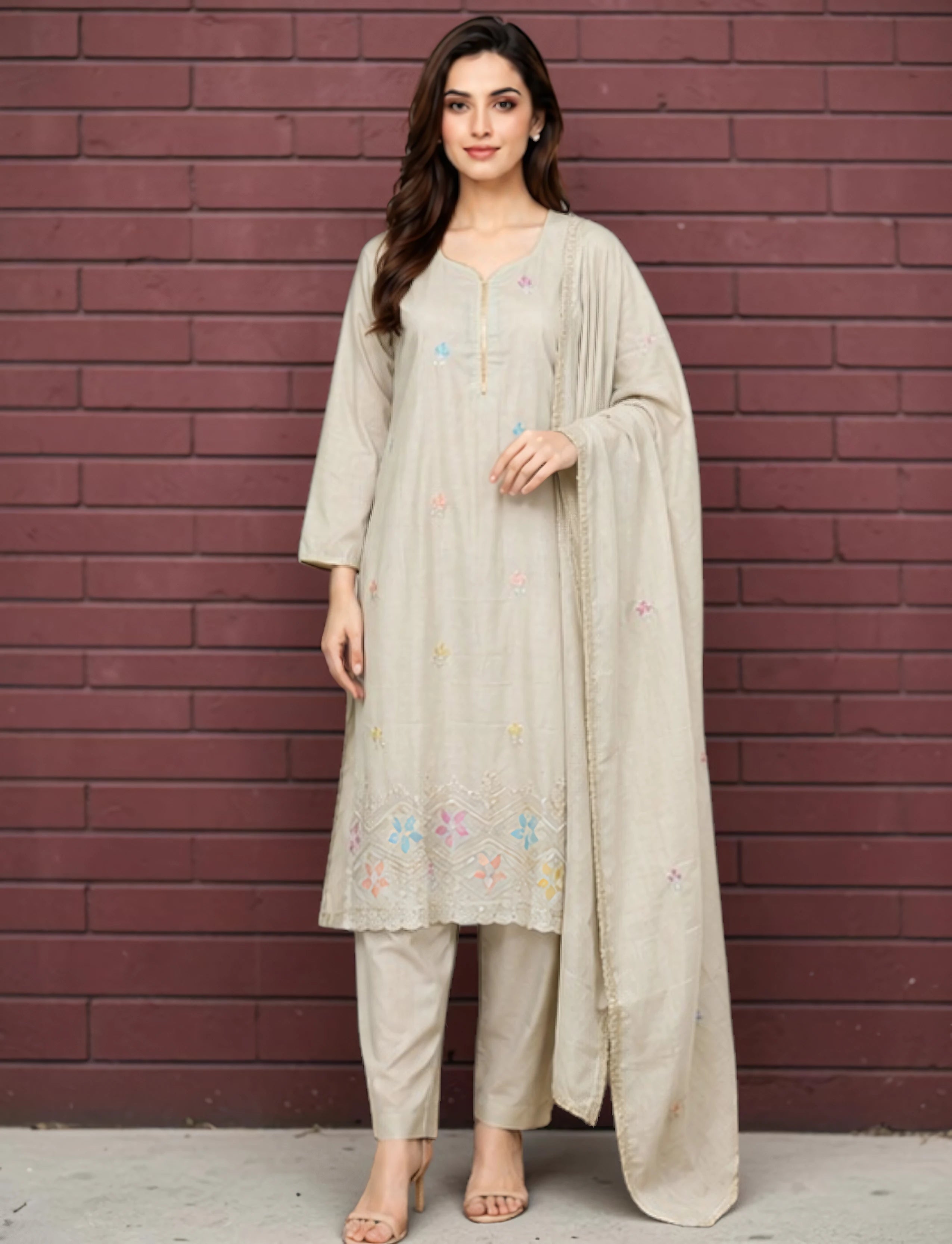 Cotton Salwar Suit Set with Embroidered Daman - Brown