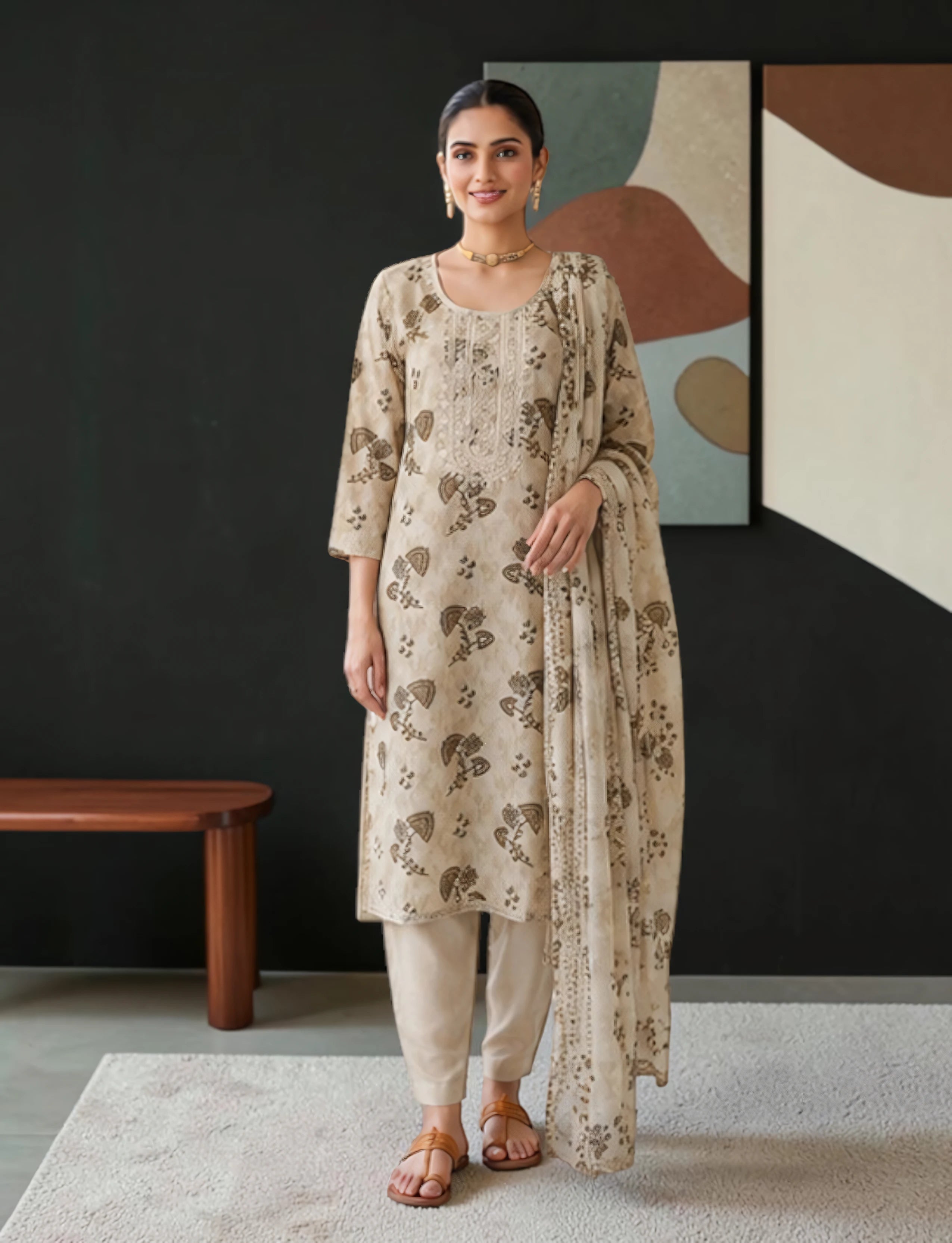 Cotton Salwar Suit Set with Neck Embroidery - Beige