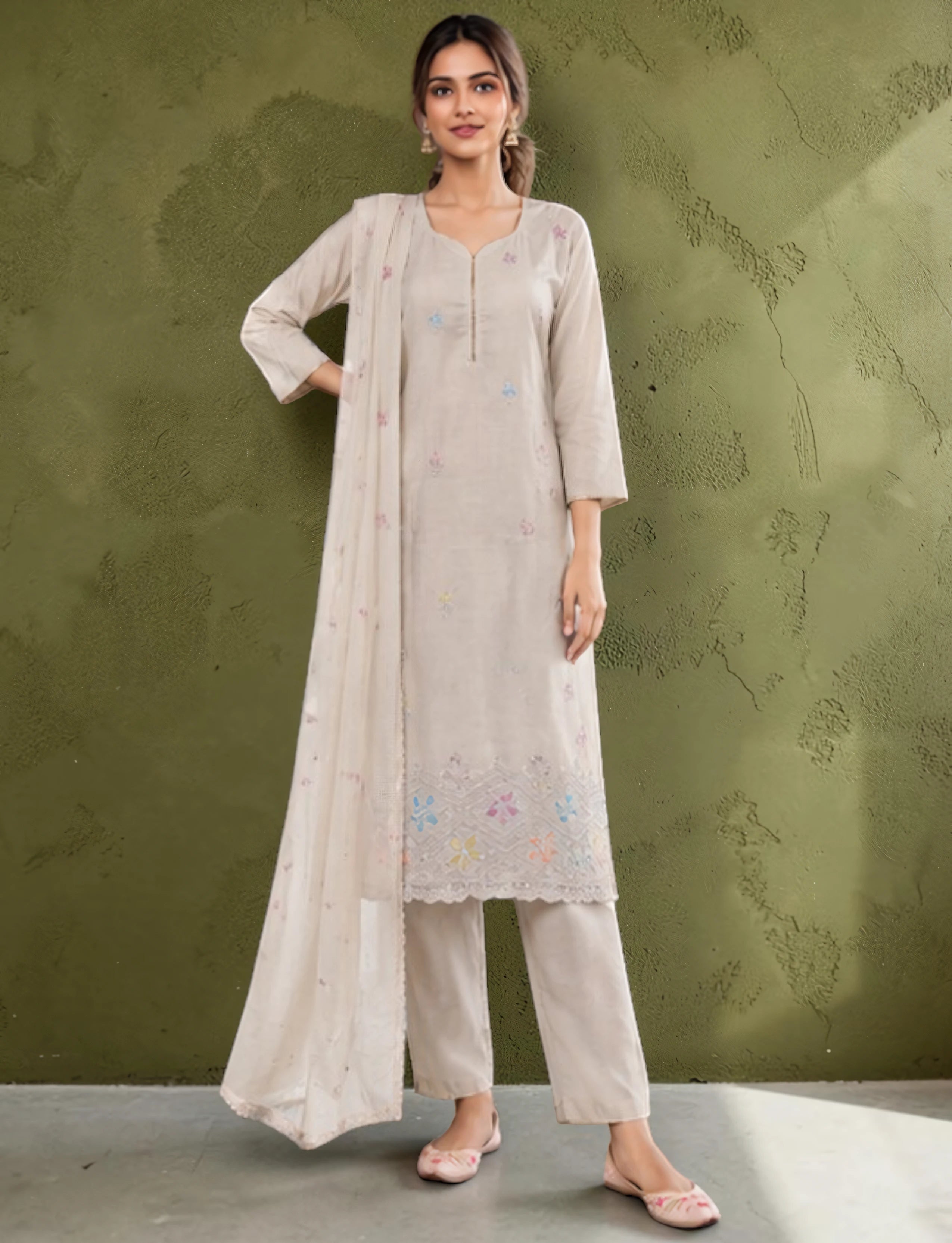 Cotton Salwar Suit Set with Embroidered Daman - Beige