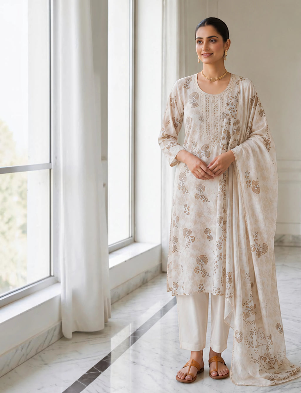 Cotton Salwar Suit Set with Neck Embroidery - Grey