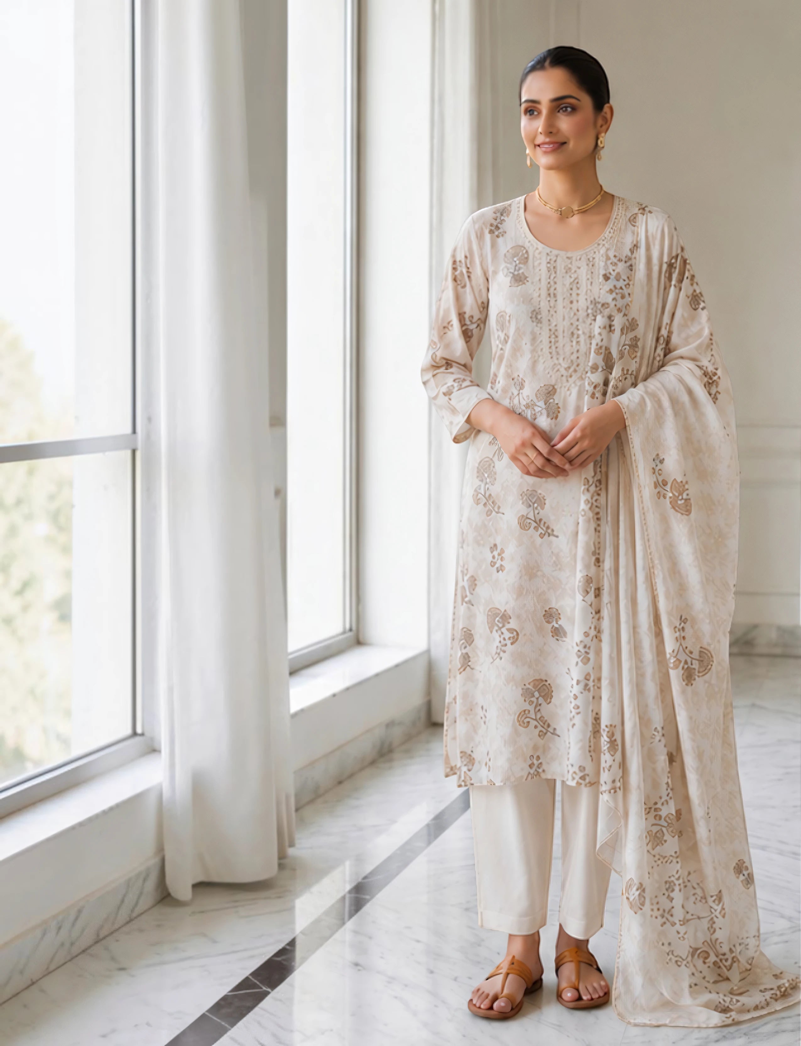 Cotton Salwar Suit Set with Neck Embroidery - Grey