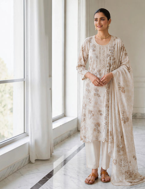 Cotton Salwar Suit Set with Neck Embroidery - Grey