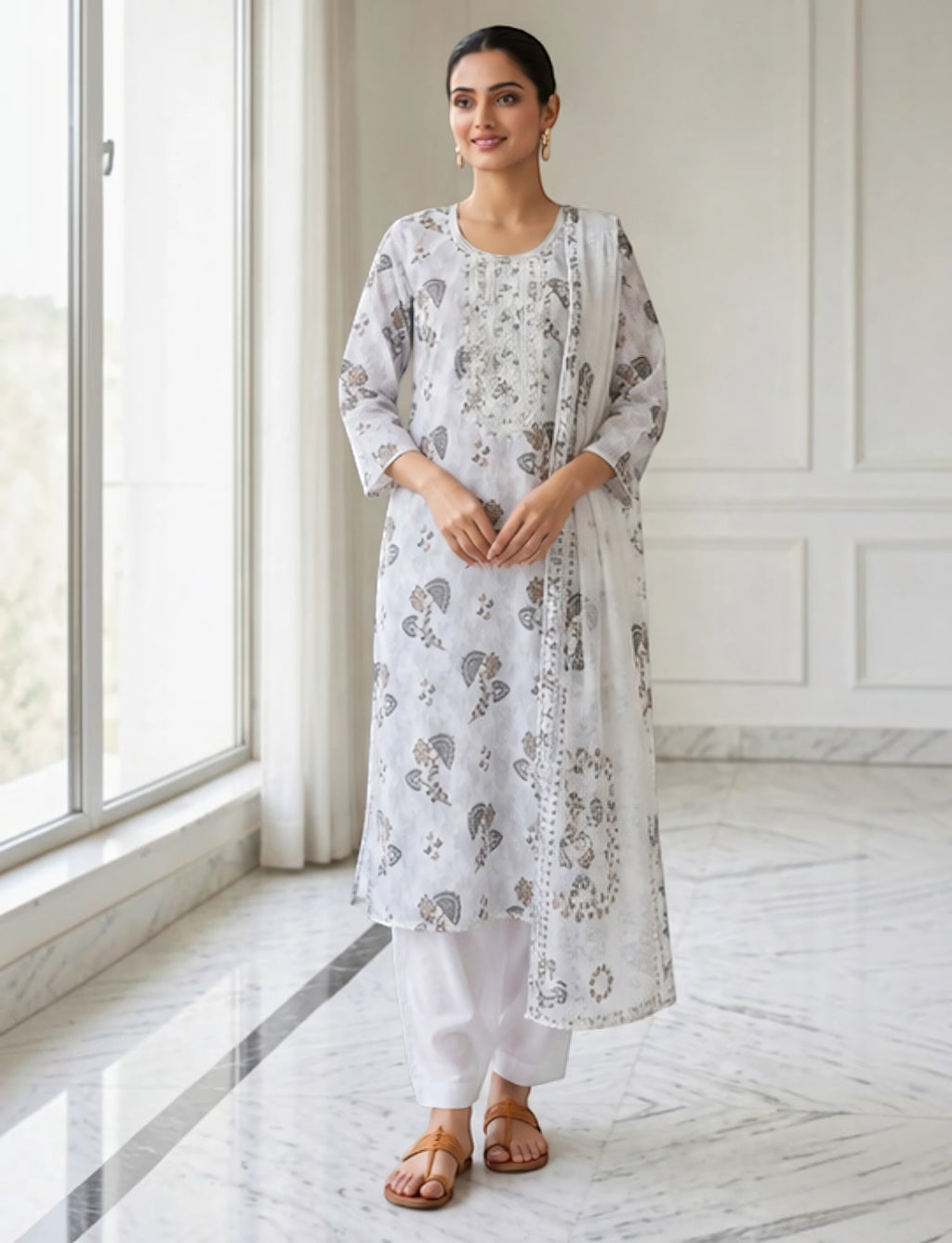 Cotton Salwar Suit Set with Neck Embroidery - white