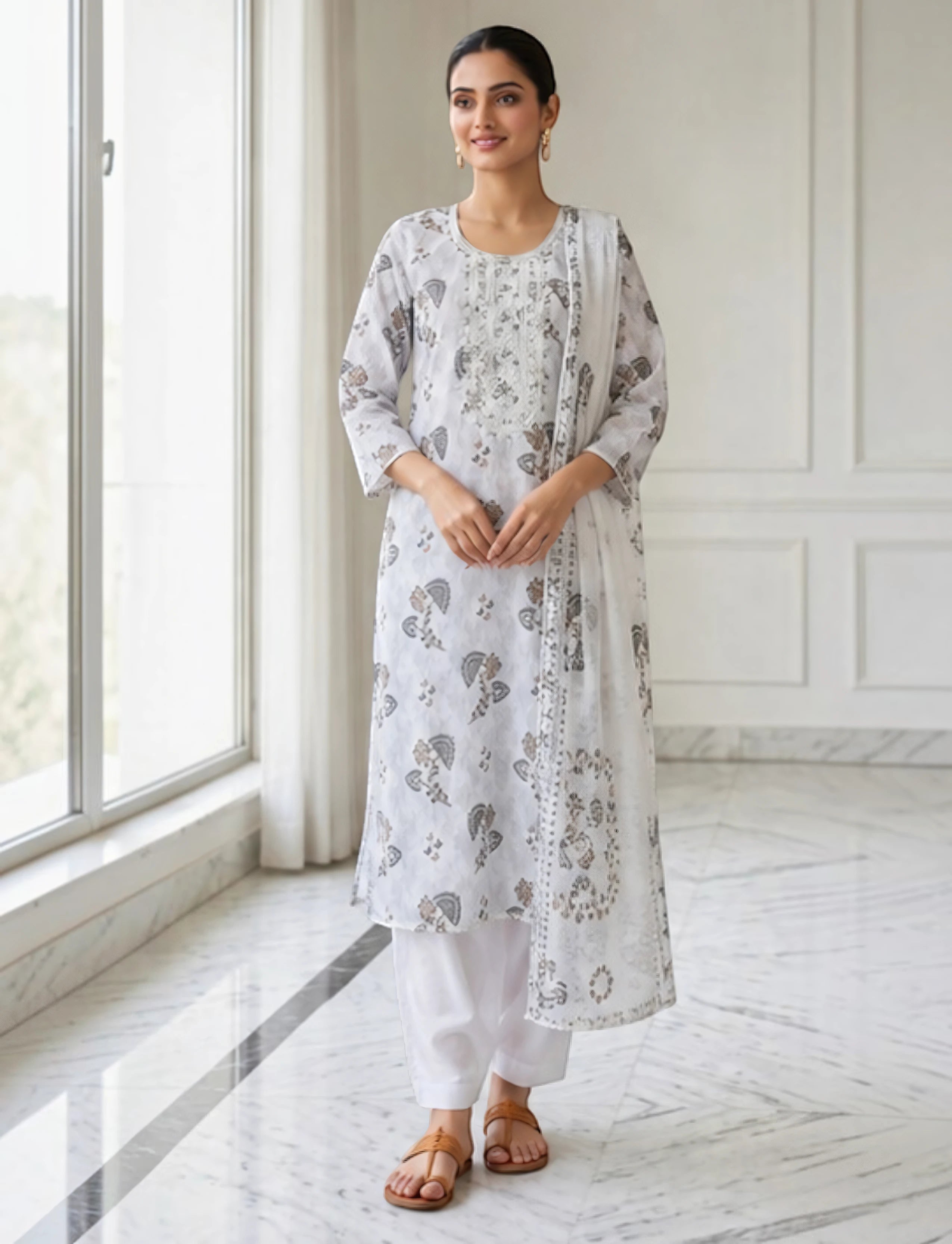 Cotton Salwar Suit Set with Neck Embroidery - white