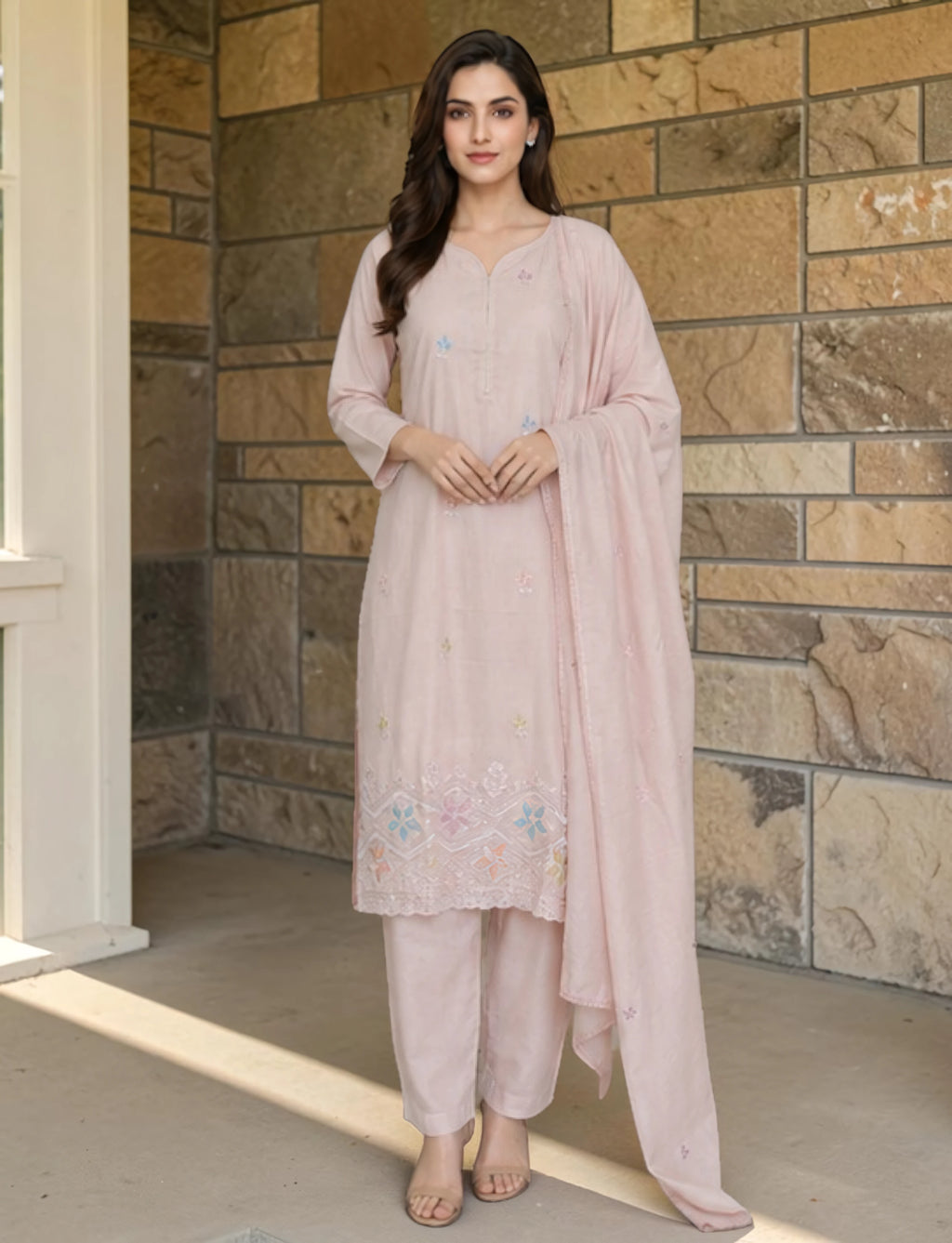 Cotton Salwar Suit Set with Embroidered Daman - Pastel Blush Pink