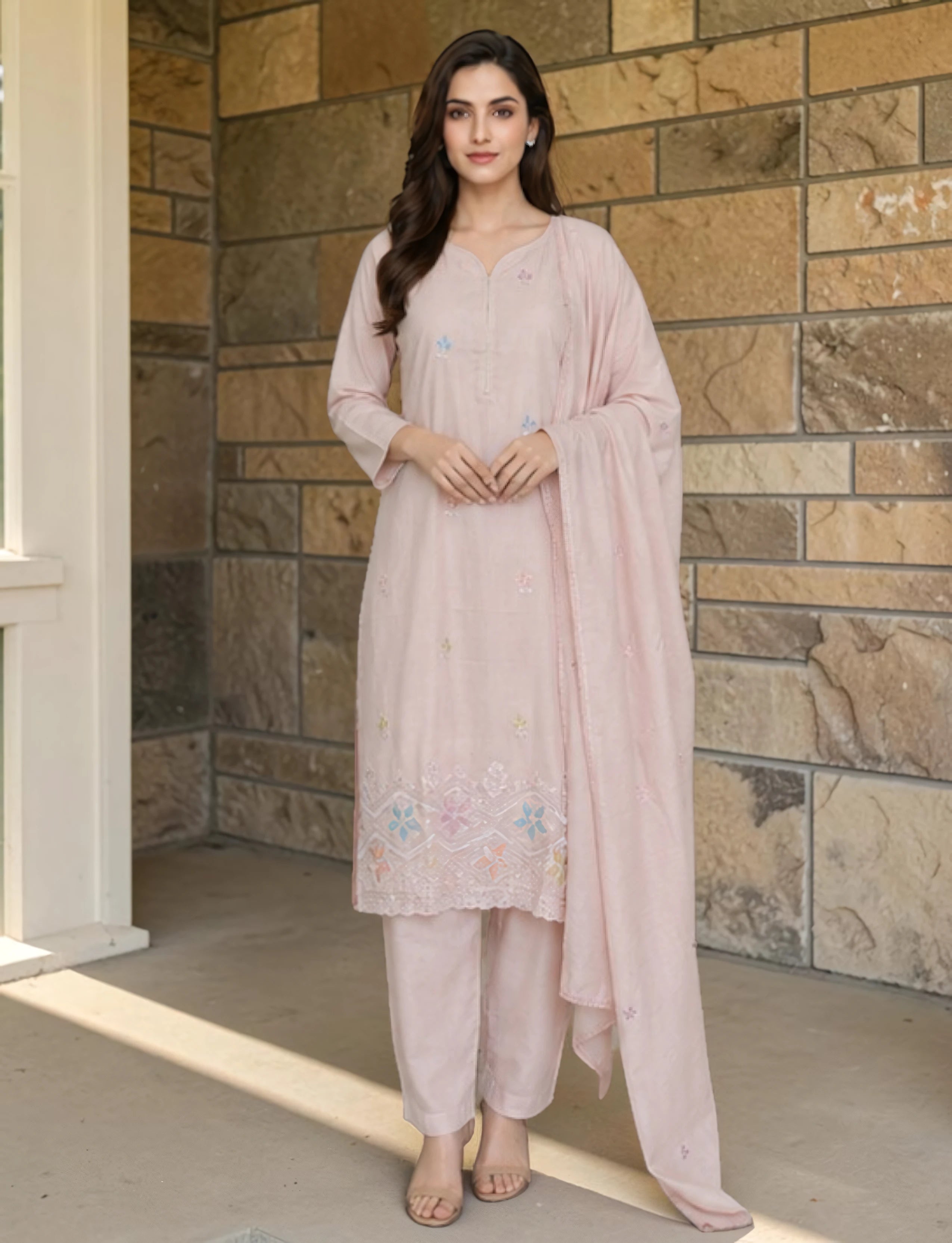 Cotton Salwar Suit Set with Embroidered Daman - Pastel Blush Pink