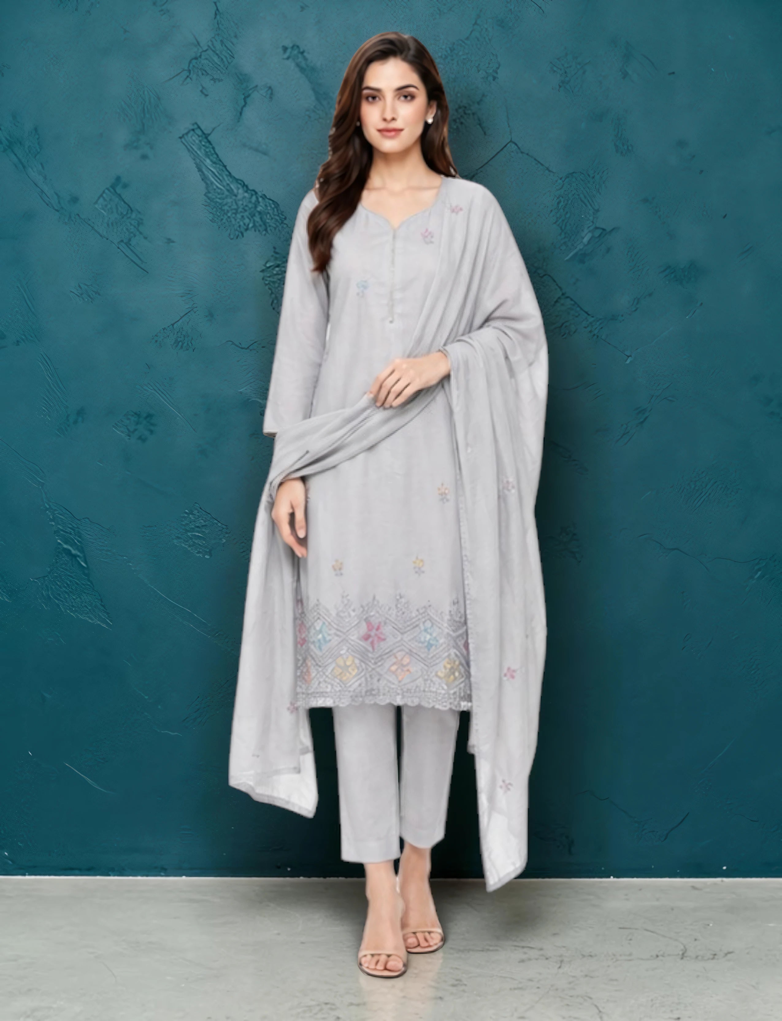 Cotton Salwar Suit Set with Embroidered Daman - Light Grey