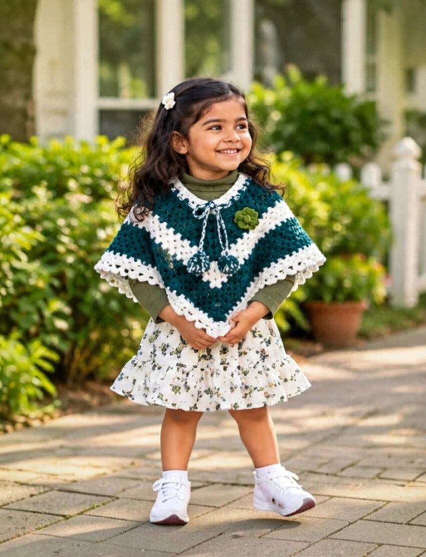 [3-4 Years] Handknitted Kids Woolen Poncho, Dark Green and White