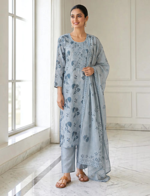 Cotton Salwar Suit Set with Neck Embroidery - Blue