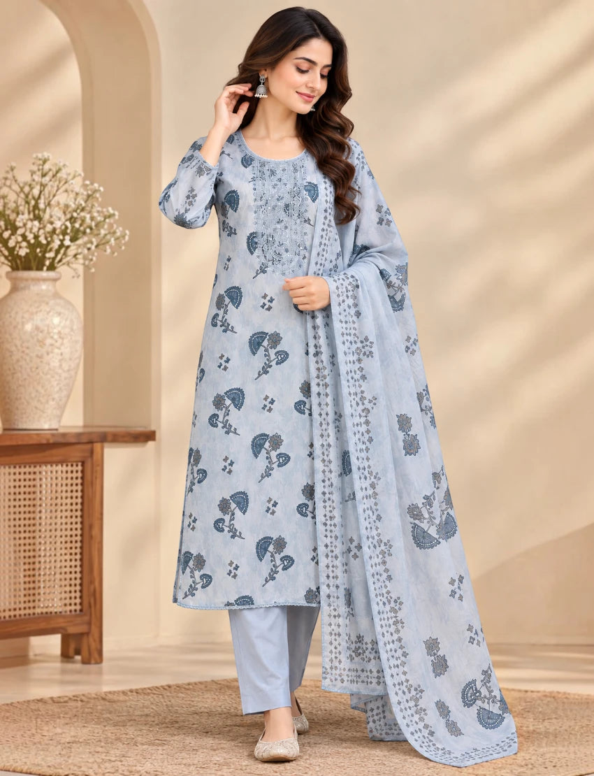 Cotton Salwar Suit Set with Neck Embroidery - Blue