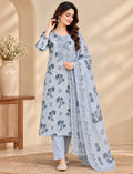 Cotton Salwar Suit Set with Neck Embroidery - Blue