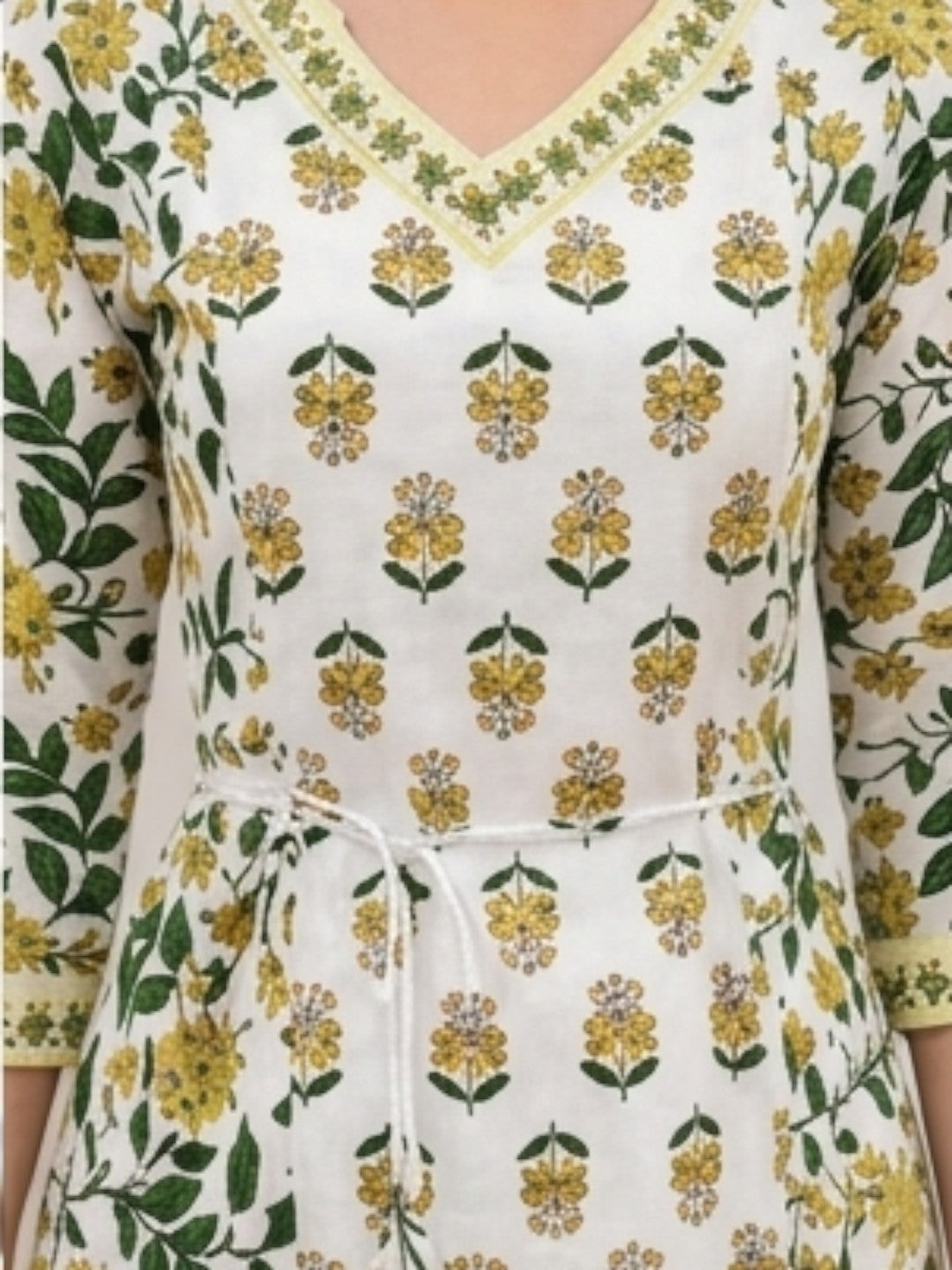 Cotton Salwar Suit Set, Floral Print, Yellow and Green, V-Neck Kurta with Dupatta