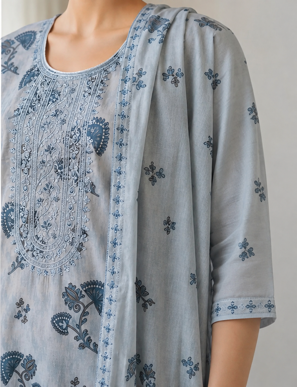 Cotton Salwar Suit Set with Neck Embroidery - Blue