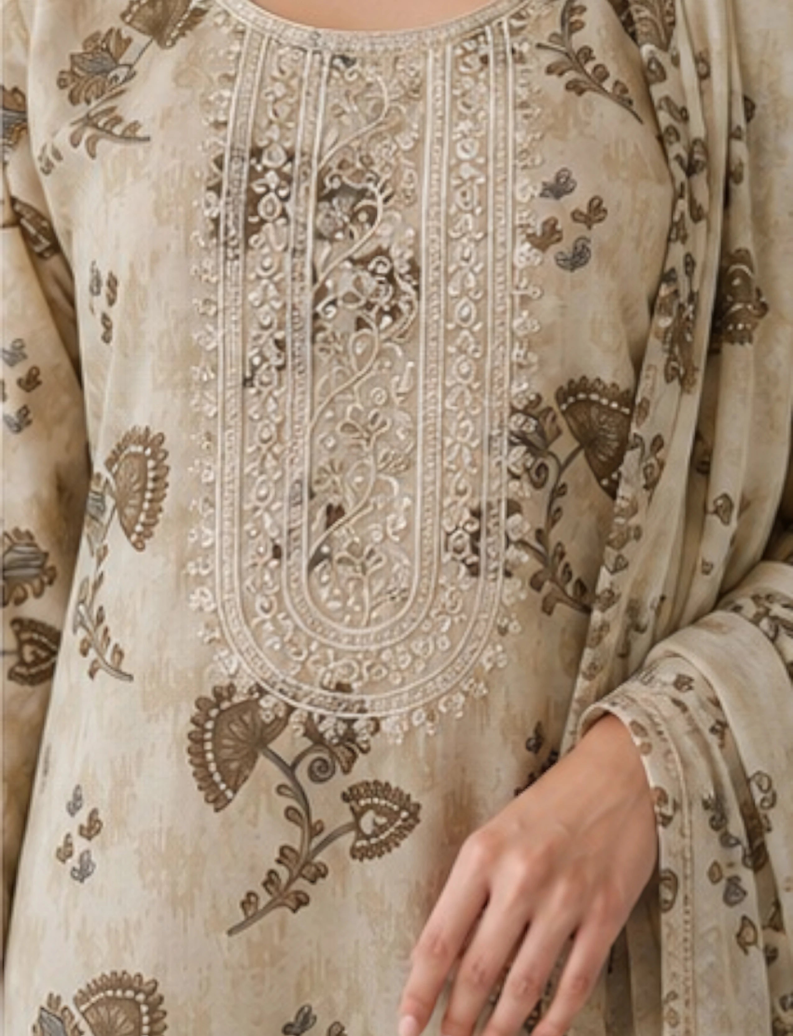 Cotton Salwar Suit Set with Neck Embroidery - Beige