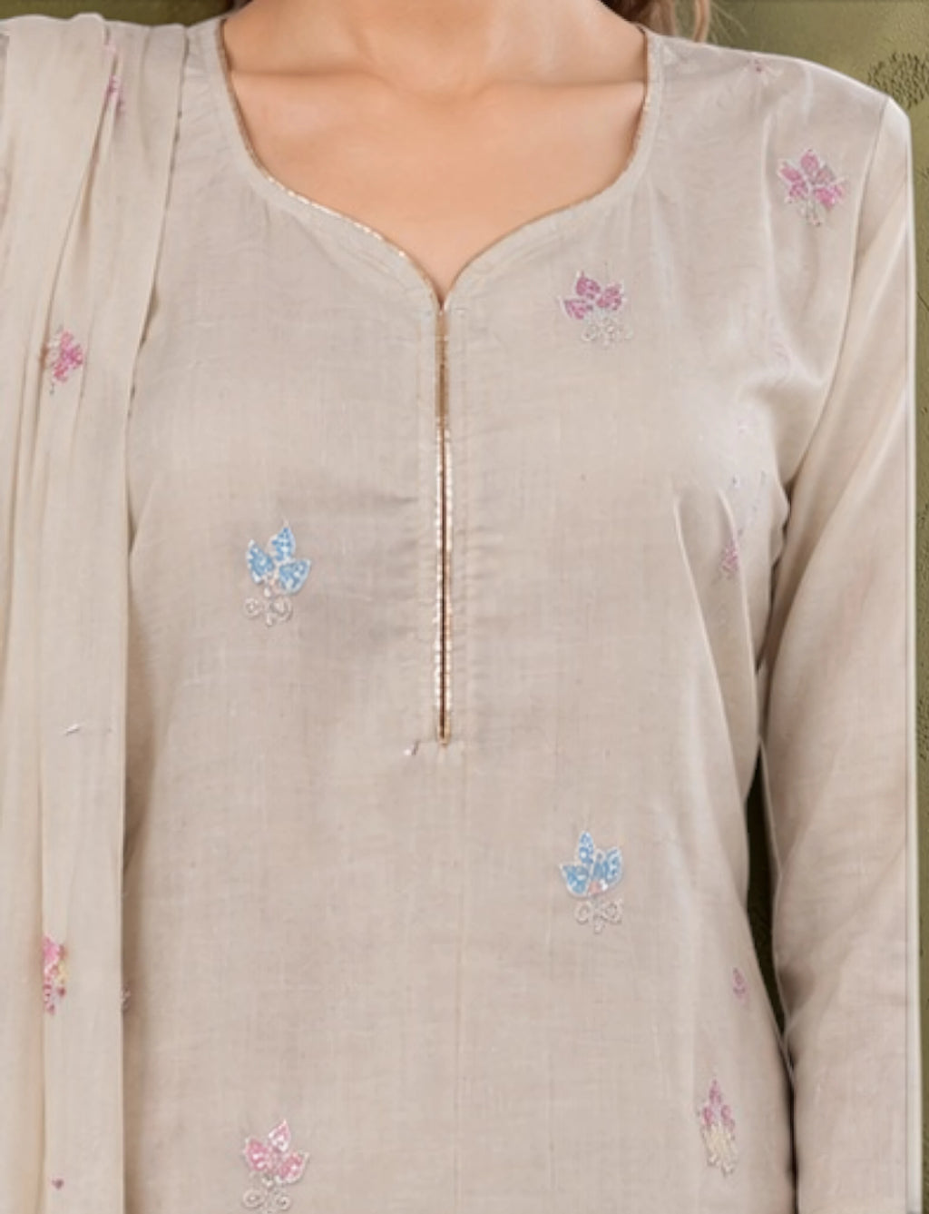 Cotton Salwar Suit Set with Embroidered Daman - Beige