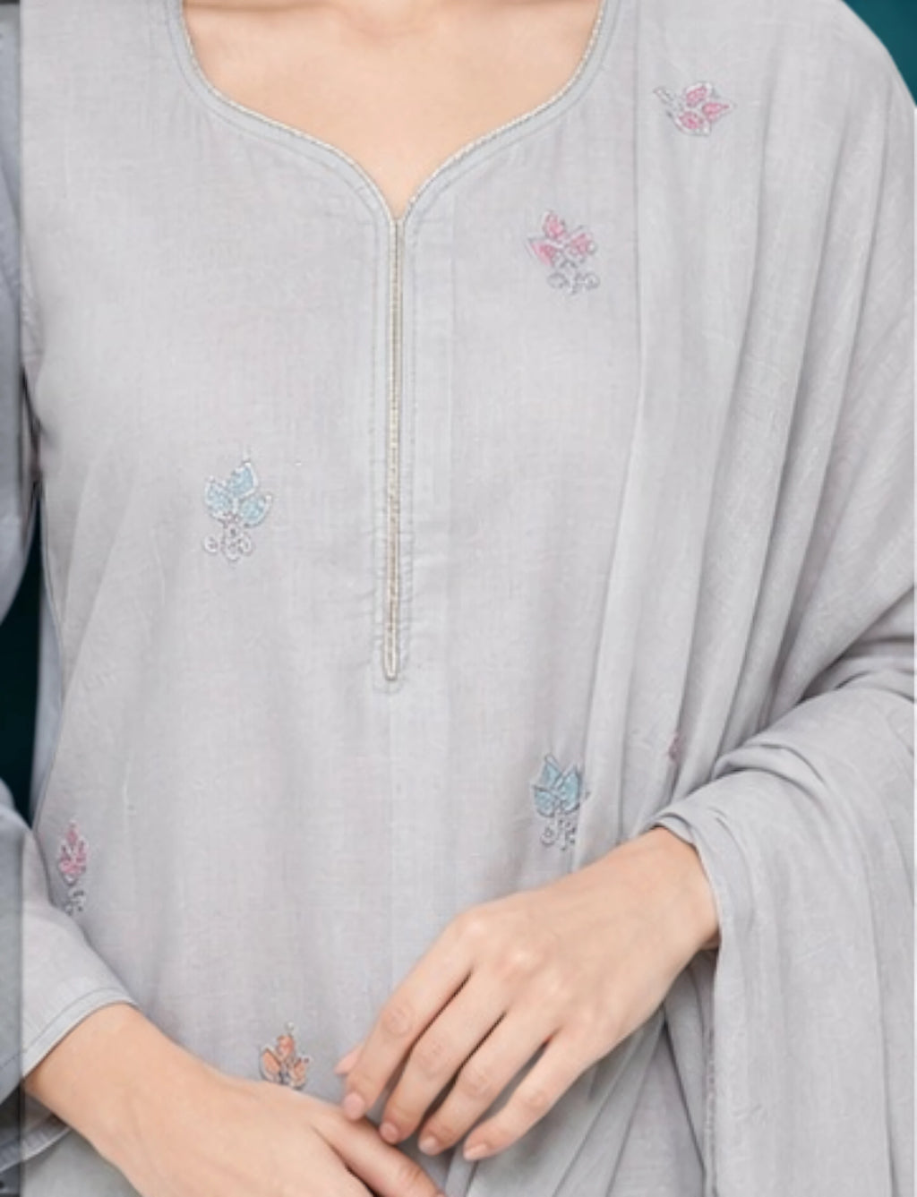 Cotton Salwar Suit Set with Embroidered Daman - Light Grey