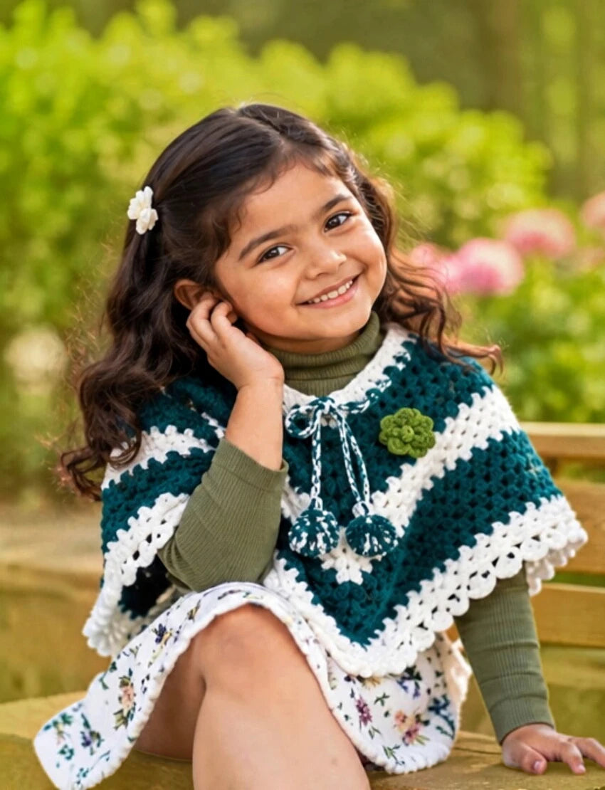[3-4 Years] Handknitted Kids Woolen Poncho, Dark Green and White