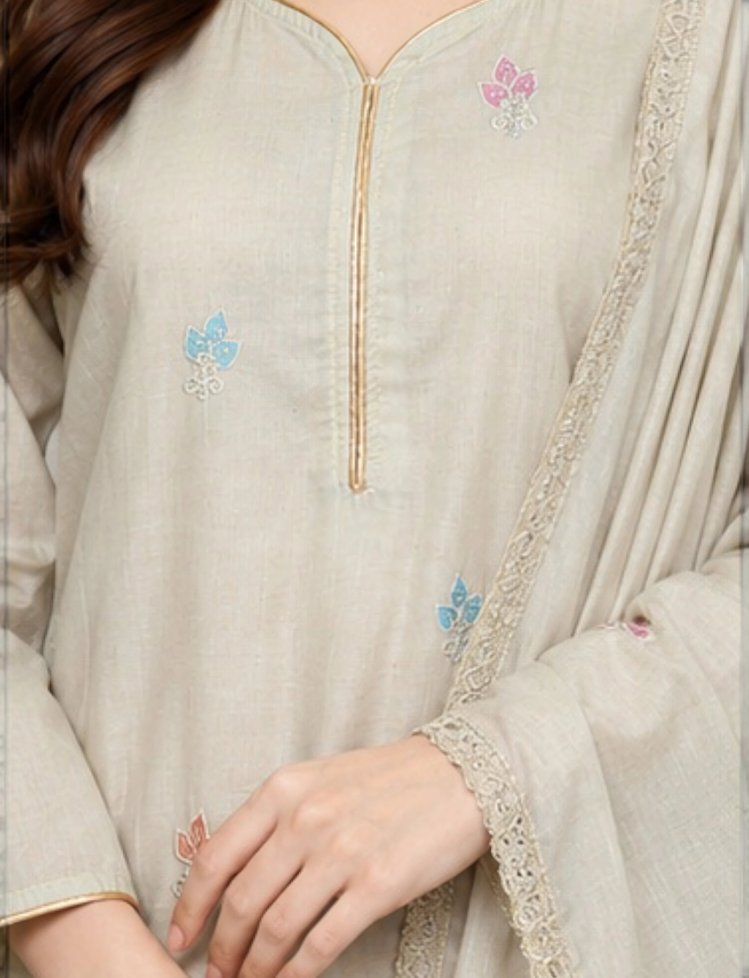 Cotton Salwar Suit Set with Embroidered Daman - Brown