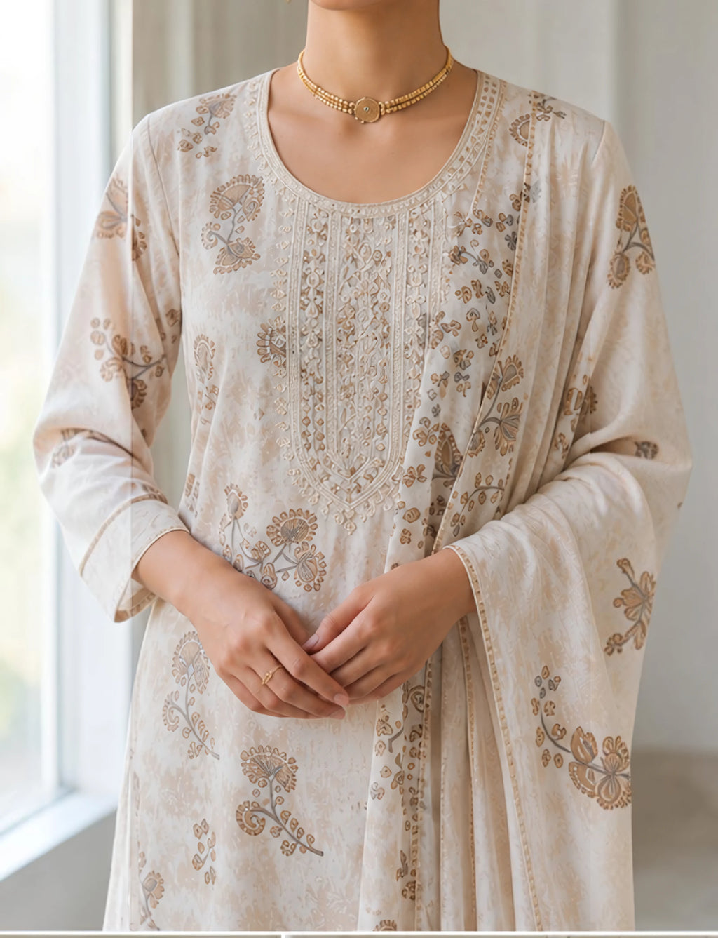 Cotton Salwar Suit Set with Neck Embroidery - Grey
