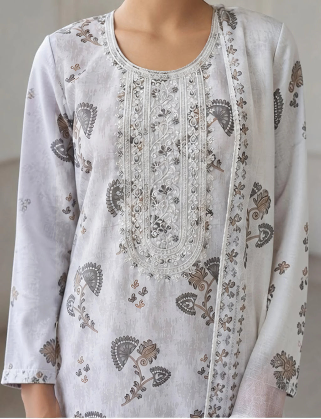 Cotton Salwar Suit Set with Neck Embroidery - white