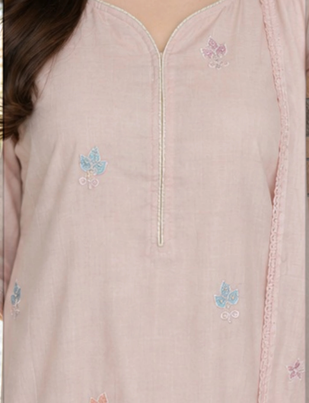 Cotton Salwar Suit Set with Embroidered Daman - Pastel Blush Pink