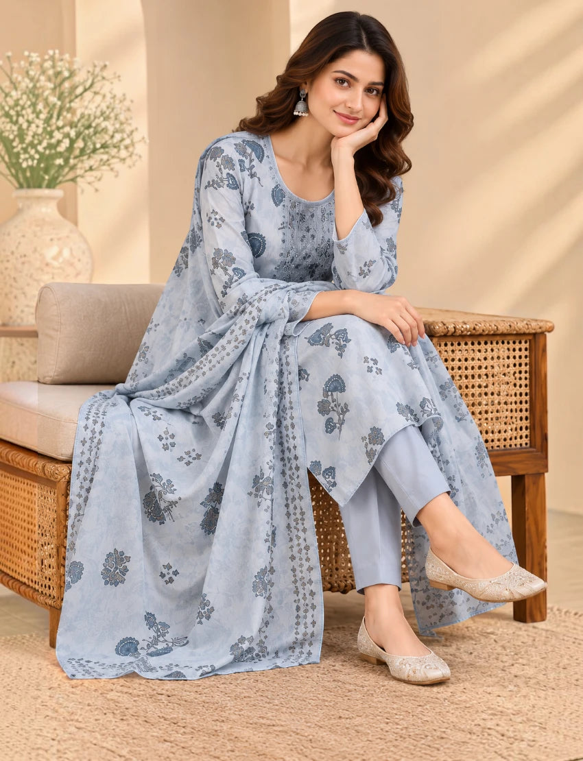 Cotton Salwar Suit Set with Neck Embroidery - Blue