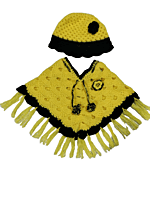 [0 to 6 months]Handknitted Yellow and Black Woolen Poncho and Cap for Kids
