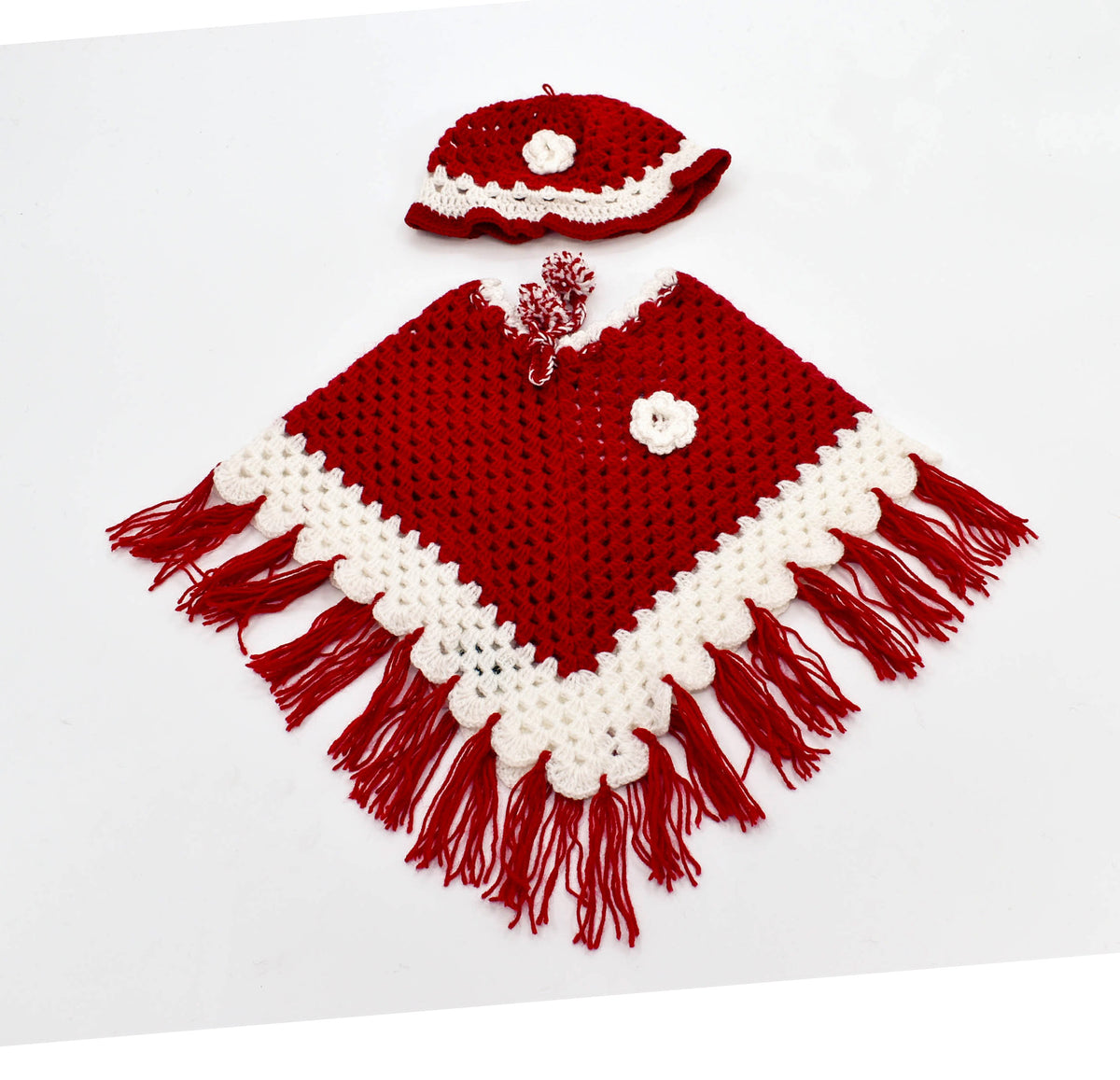 [6 months to 1 years]Handknitted Red and white woolen poncho and cap for kids between