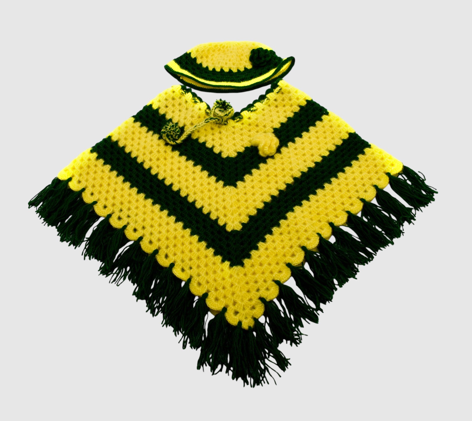 [4-5 Years] Handknitted Woolen Poncho and Cap Set for Kids, Yellow and Green Striped