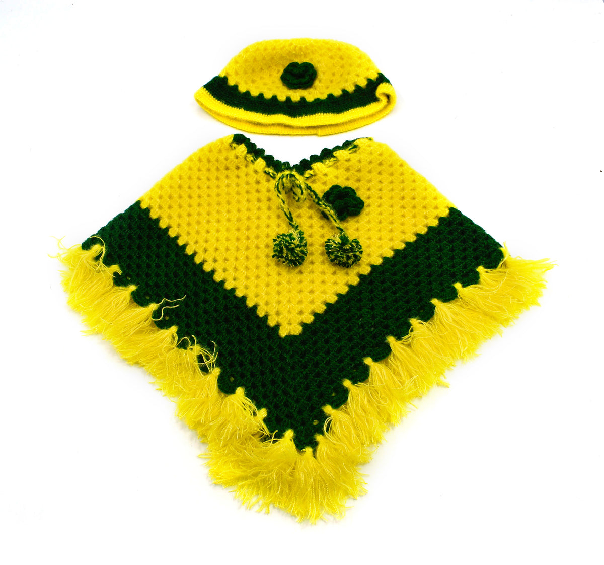[1 - 2 Years] Handknitted Yellow and Green Woolen Poncho for kids