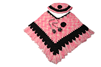 [2-3 Years] Handmade Woolen Crochet Poncho for Kids, Pink and Black