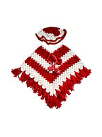 [1-2 Years] Handmade Crotchet Woolen Poncho with Cap for Kids, Red and White