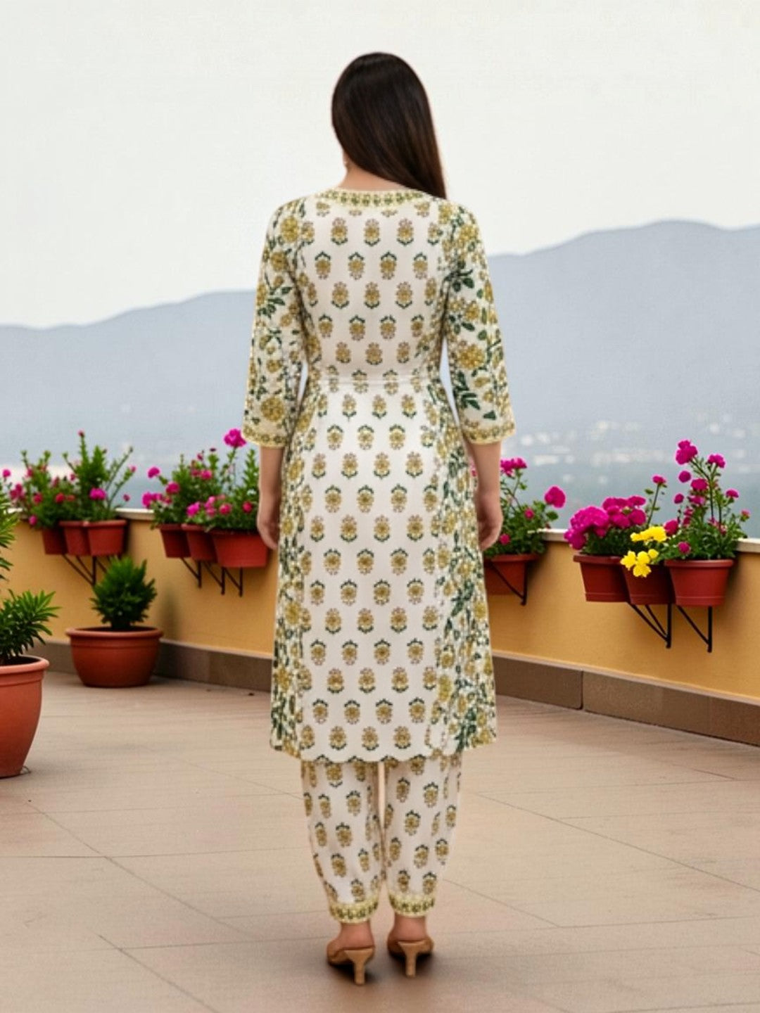 Cotton Salwar Suit Set, Floral Print, Yellow and Green, V-Neck Kurta with Dupatta