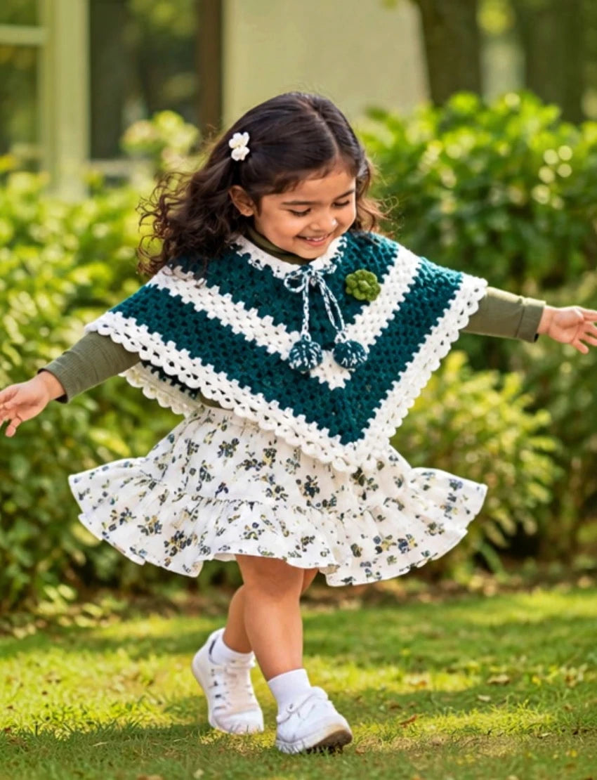 [3-4 Years] Handknitted Kids Woolen Poncho, Dark Green and White