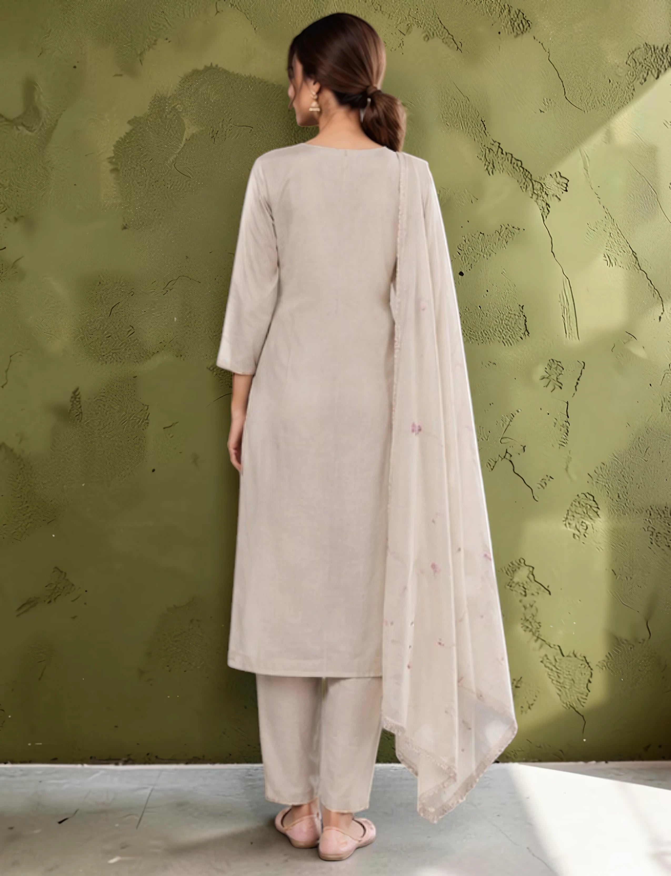 Cotton Salwar Suit Set with Embroidered Daman - Beige
