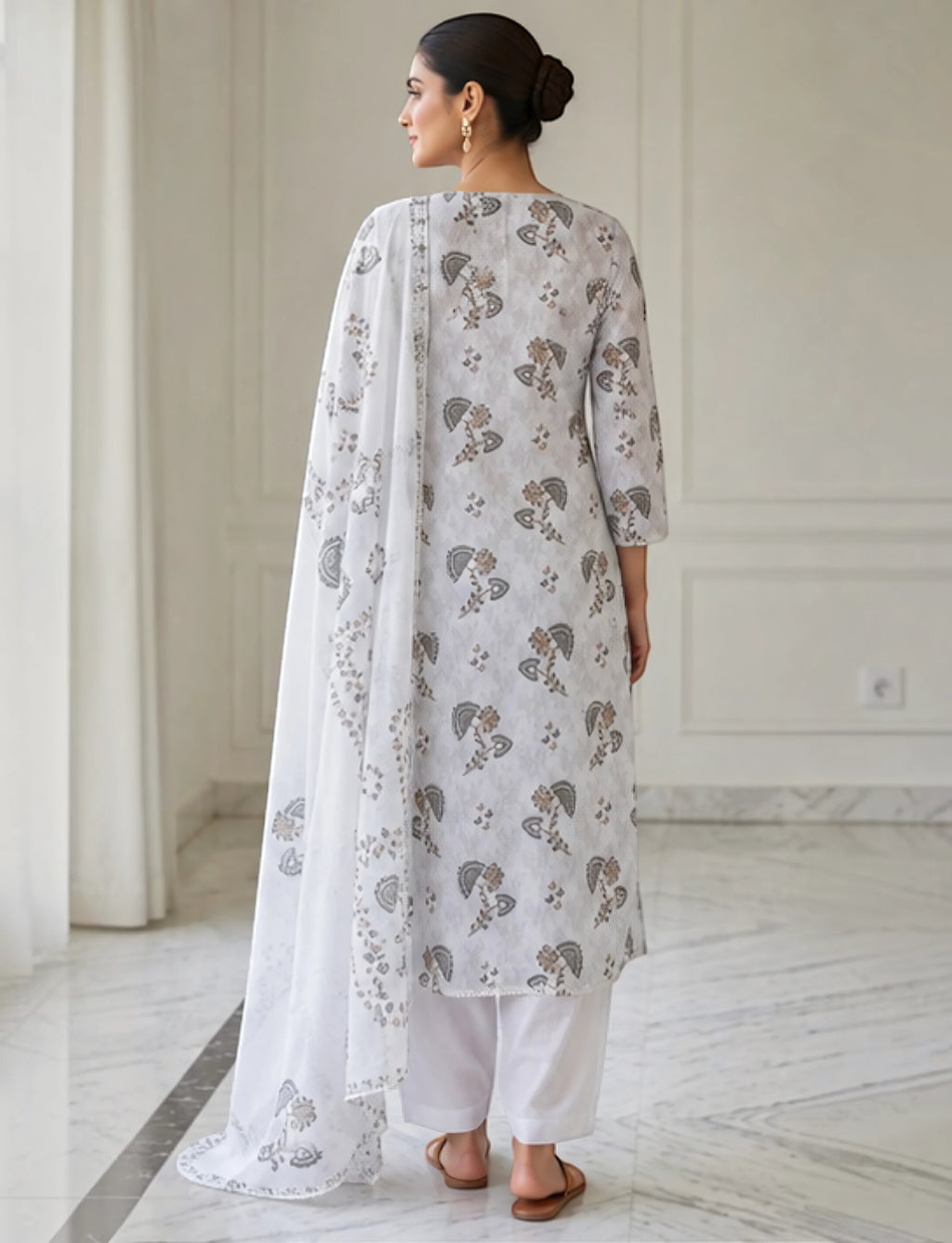 Cotton Salwar Suit Set with Neck Embroidery - white