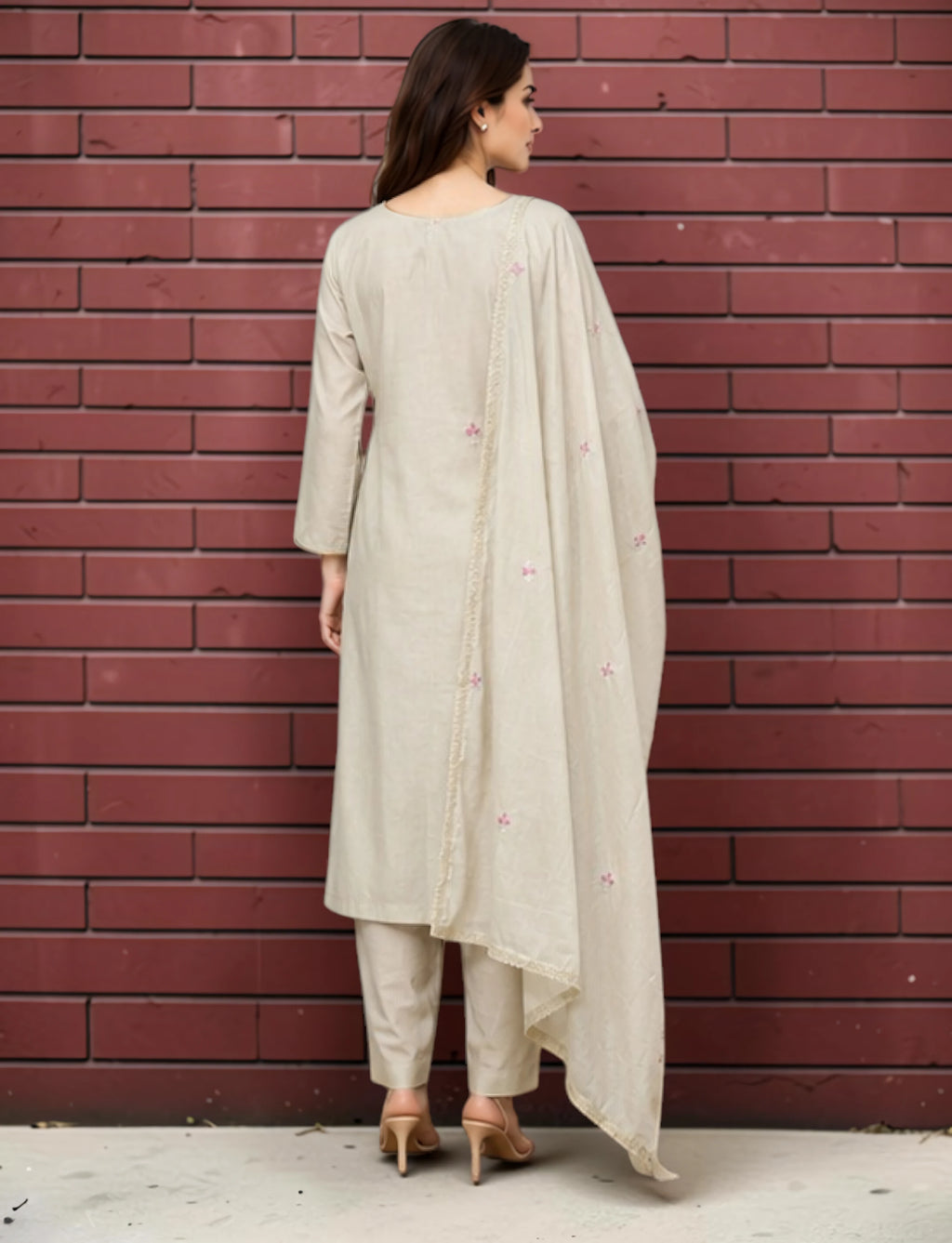 Cotton Salwar Suit Set with Embroidered Daman - Brown