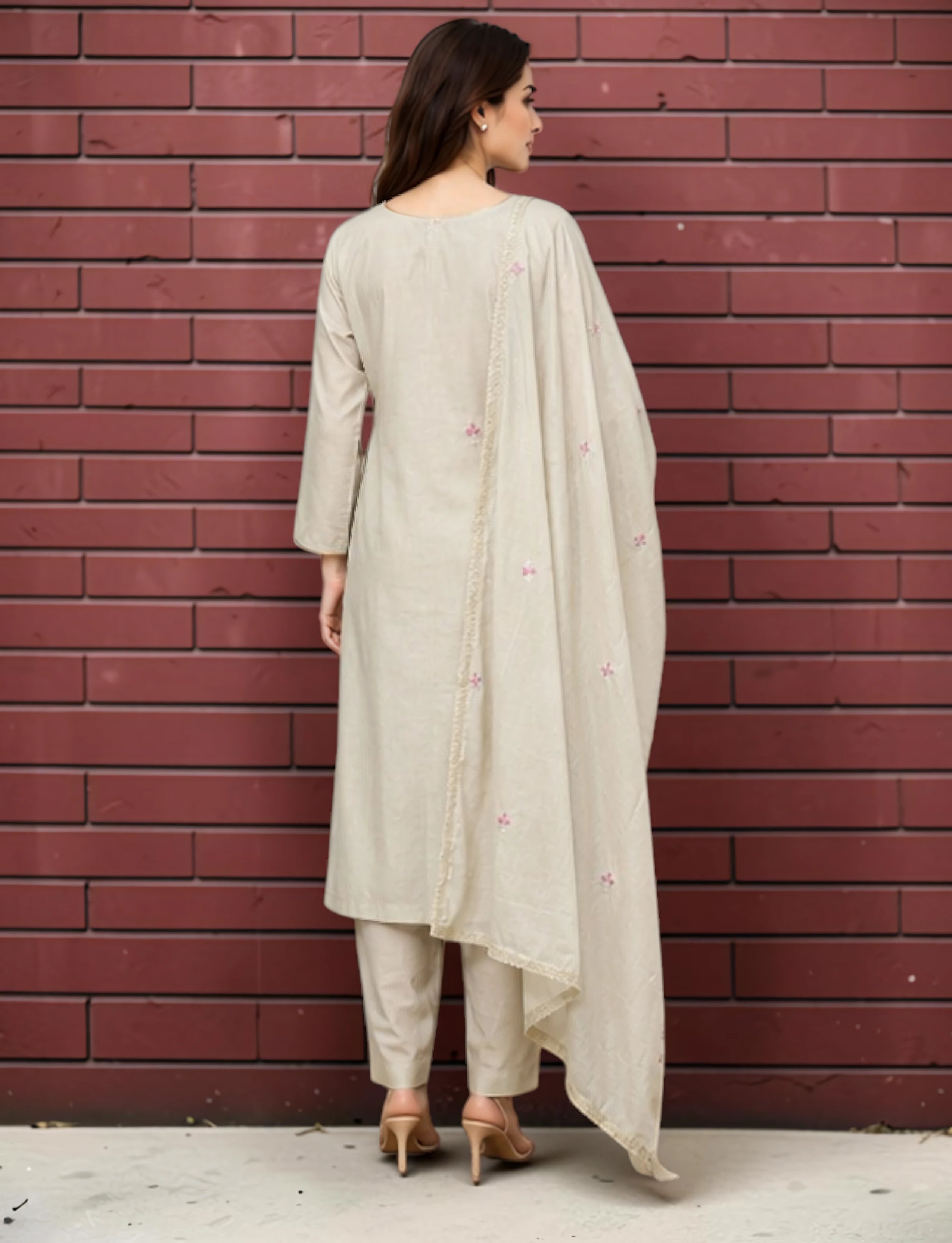 Cotton Salwar Suit Set with Embroidered Daman - Brown