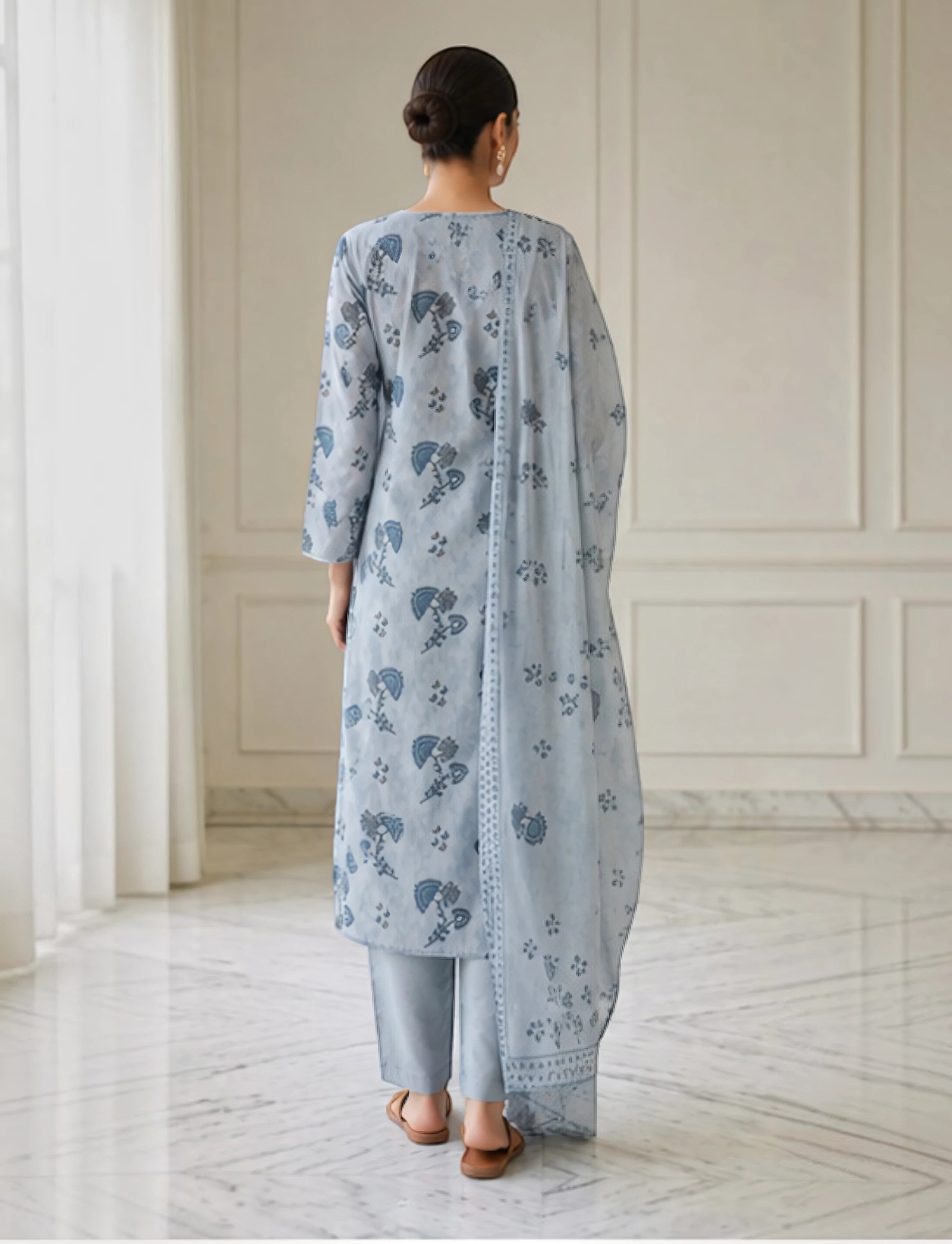 Cotton Salwar Suit Set with Neck Embroidery - Blue