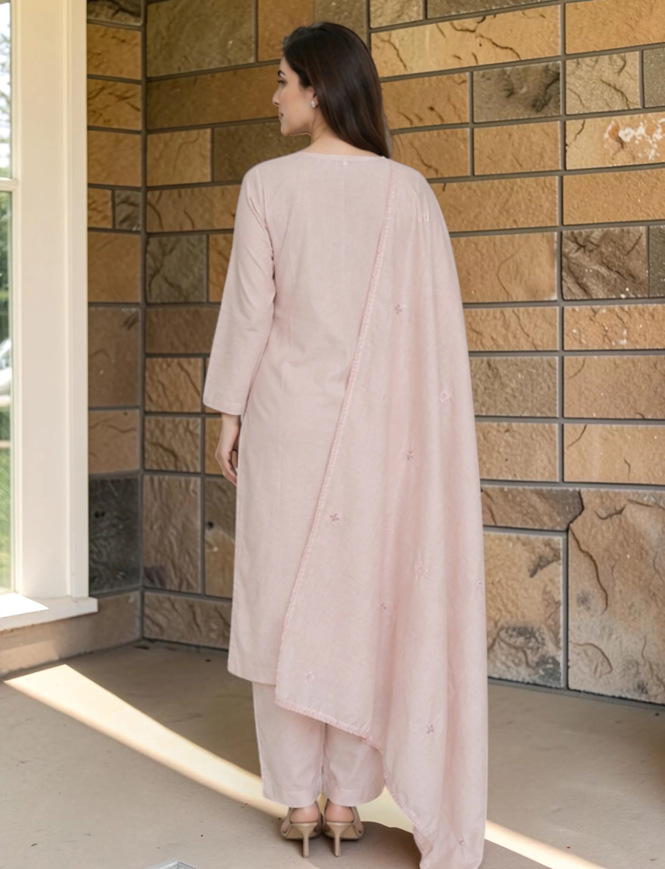 Cotton Salwar Suit Set with Embroidered Daman - Pastel Blush Pink