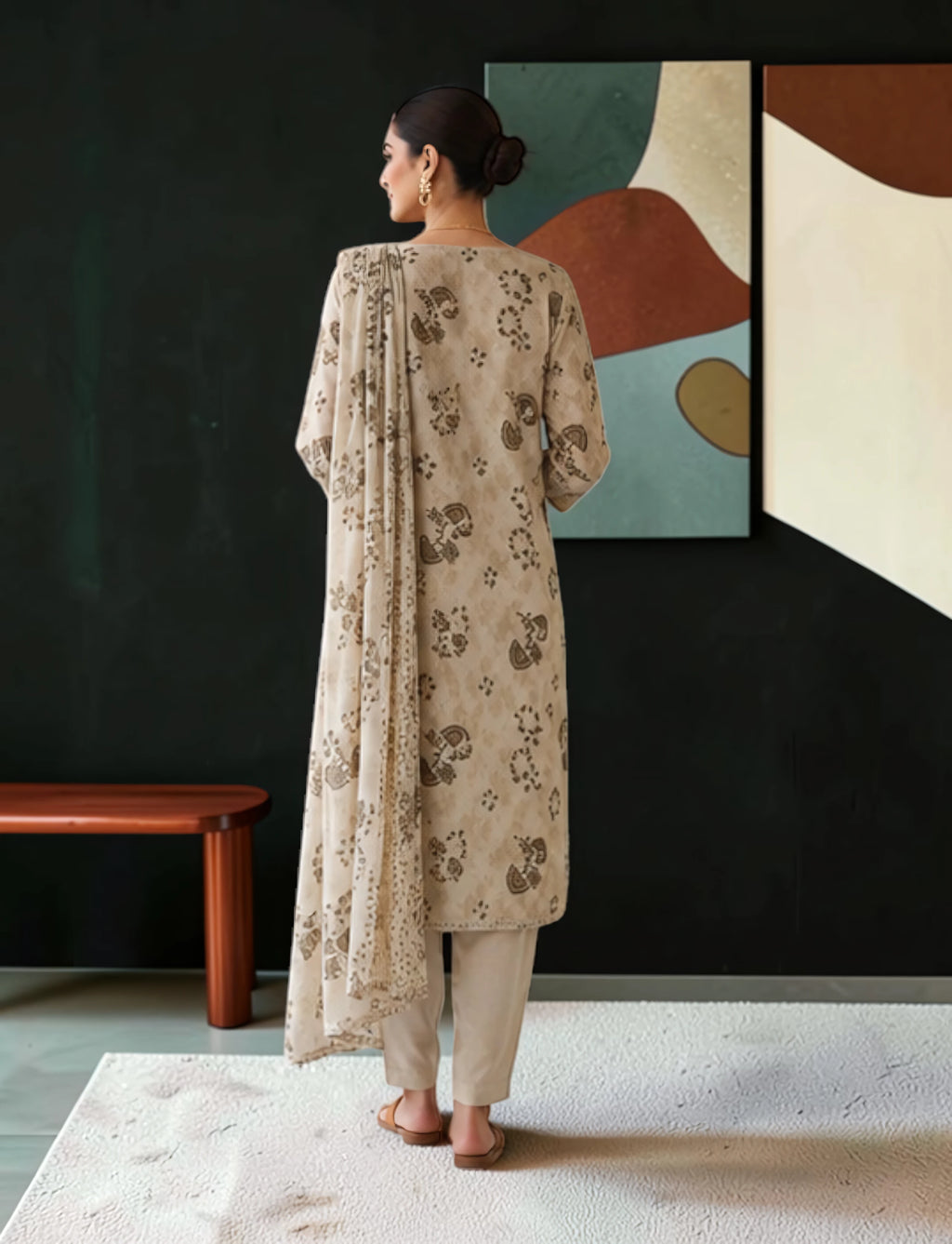 Cotton Salwar Suit Set with Neck Embroidery - Beige