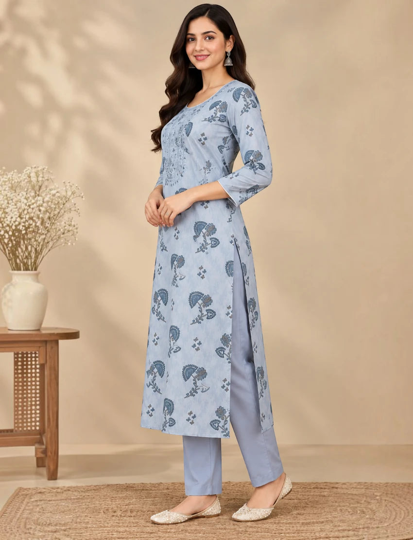 Cotton Salwar Suit Set with Neck Embroidery - Blue