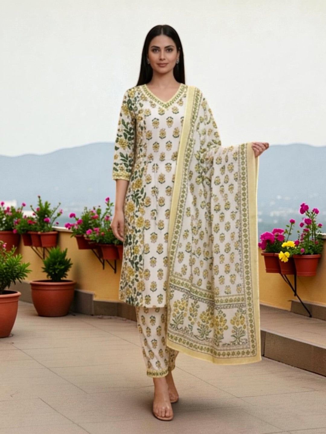 Cotton Salwar Suit Set, Floral Print, Yellow and Green, V-Neck Kurta with Dupatta