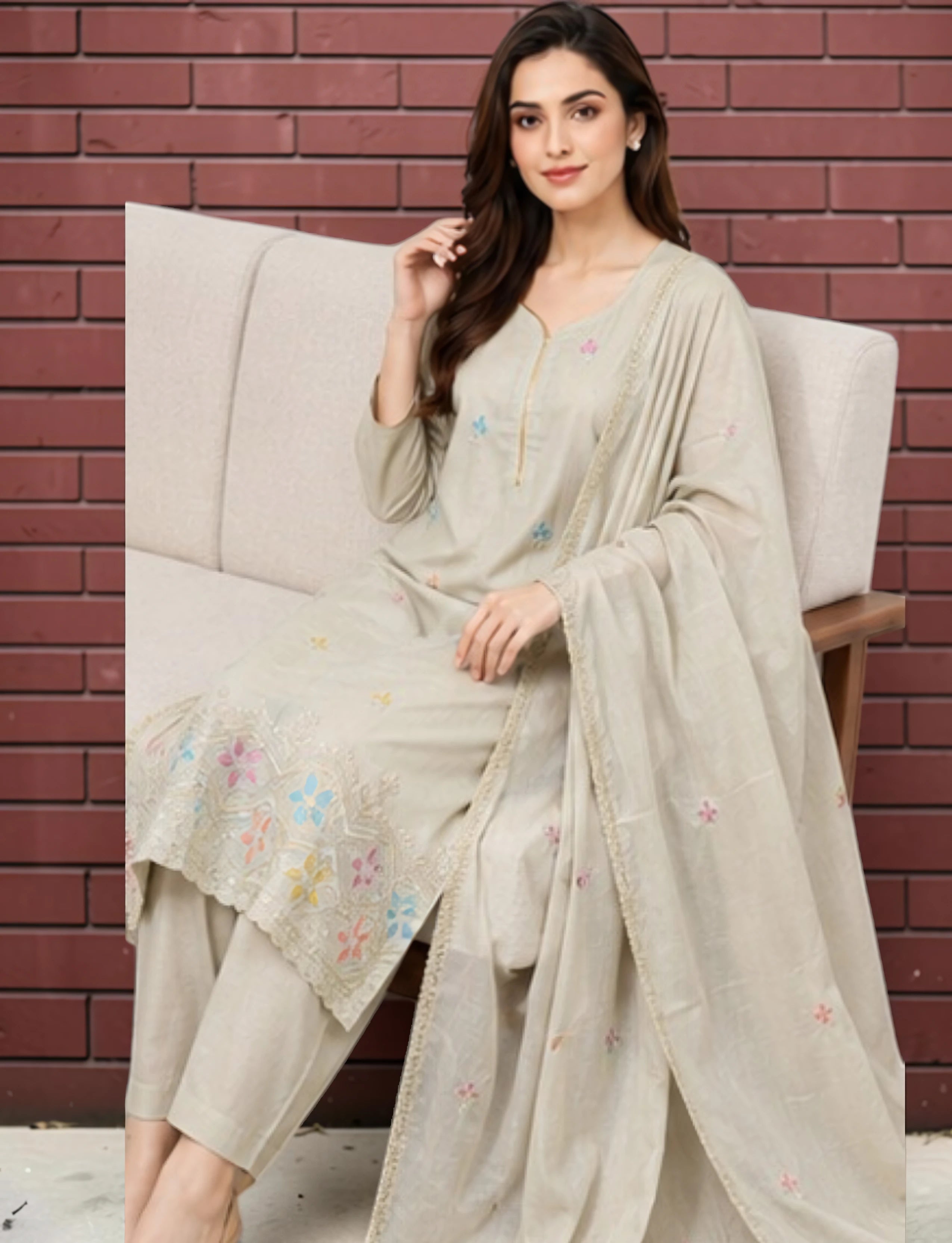 Cotton Salwar Suit Set with Embroidered Daman - Brown
