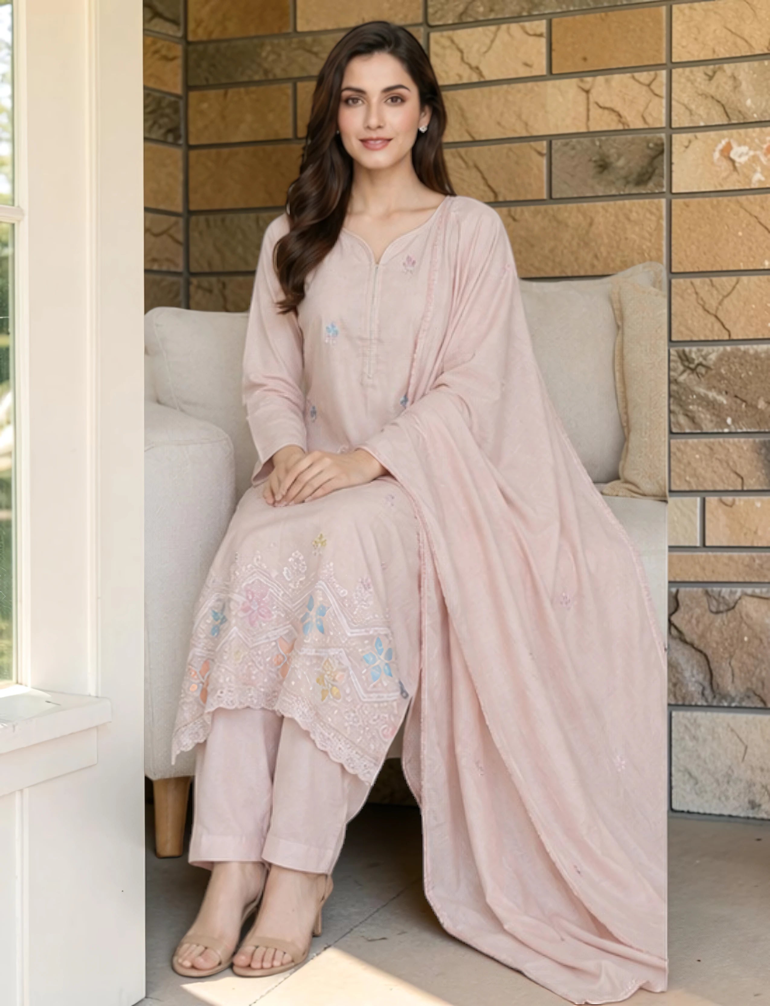 Cotton Salwar Suit Set with Embroidered Daman - Pastel Blush Pink