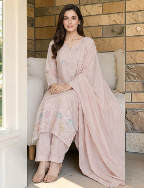 Cotton Salwar Suit Set with Embroidered Daman - Pastel Blush Pink