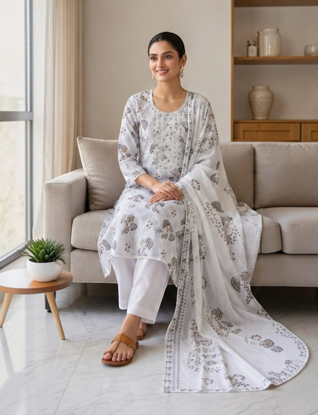 Cotton Salwar Suit Set with Neck Embroidery - white